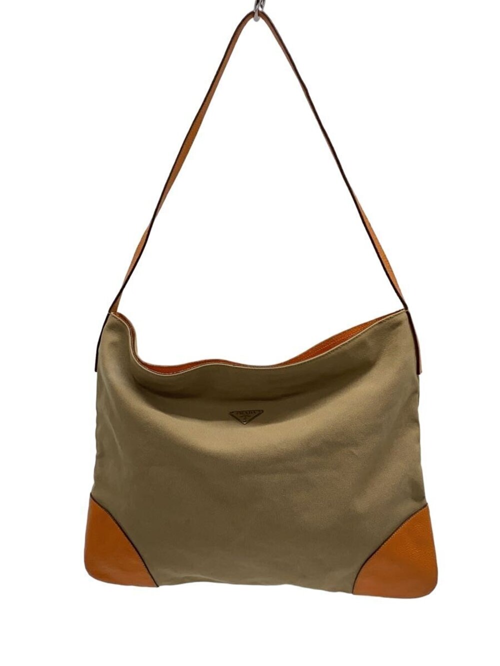 Prada Shoulder Bag Canvas Beige Cream Triangle Plate